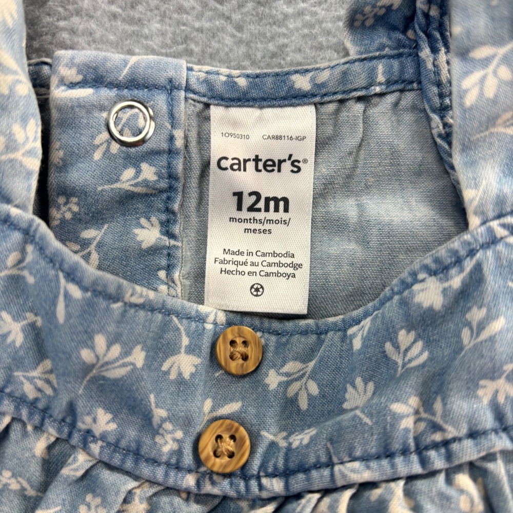 Carters Baby‎ Girls Blue Floral Denim Ruffle Romper Jumpsuit 12 Months - Picture 3 of 6